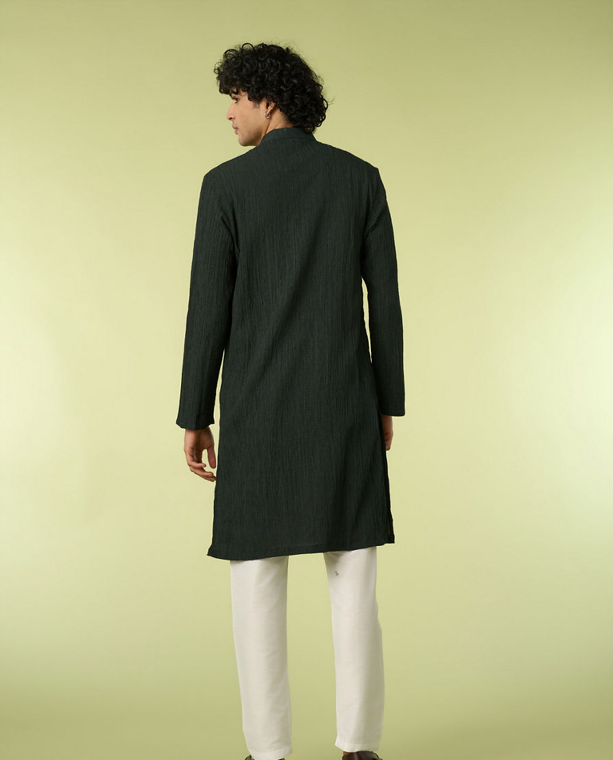 Diwas Men Dark Green Self-Textured Kurta