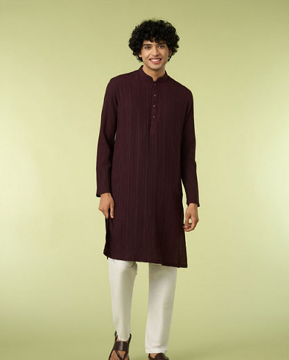 Diwas Men Wine Spandex Kurta with Self-Texture