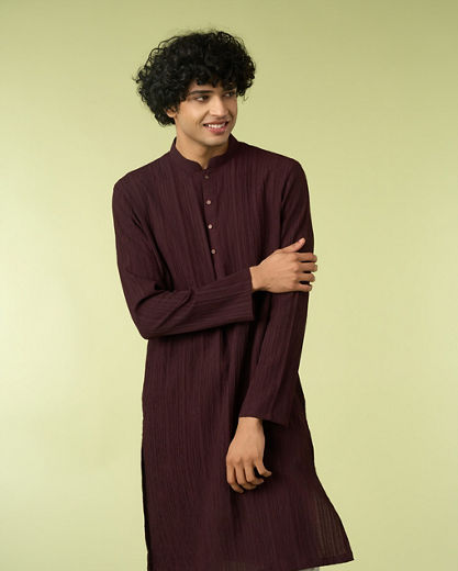 Diwas Men Wine Spandex Kurta with Self-Texture
