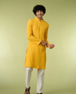 Diwas Men Mustard Yellow Self-Textured Kurta