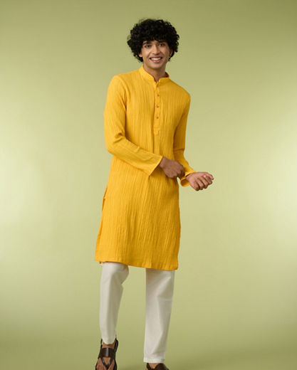 Diwas Men Mustard Yellow Self-Textured Kurta