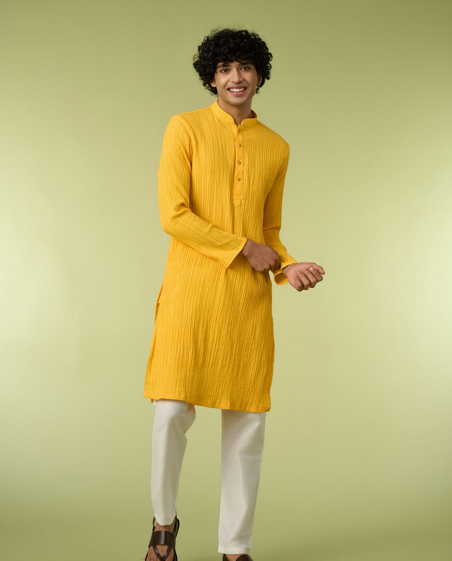 Diwas Men Mustard Yellow Self-Textured Kurta