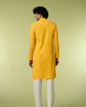 Diwas Men Mustard Yellow Self-Textured Kurta