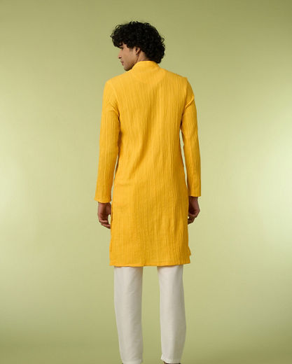 Diwas Men Mustard Yellow Self-Textured Kurta
