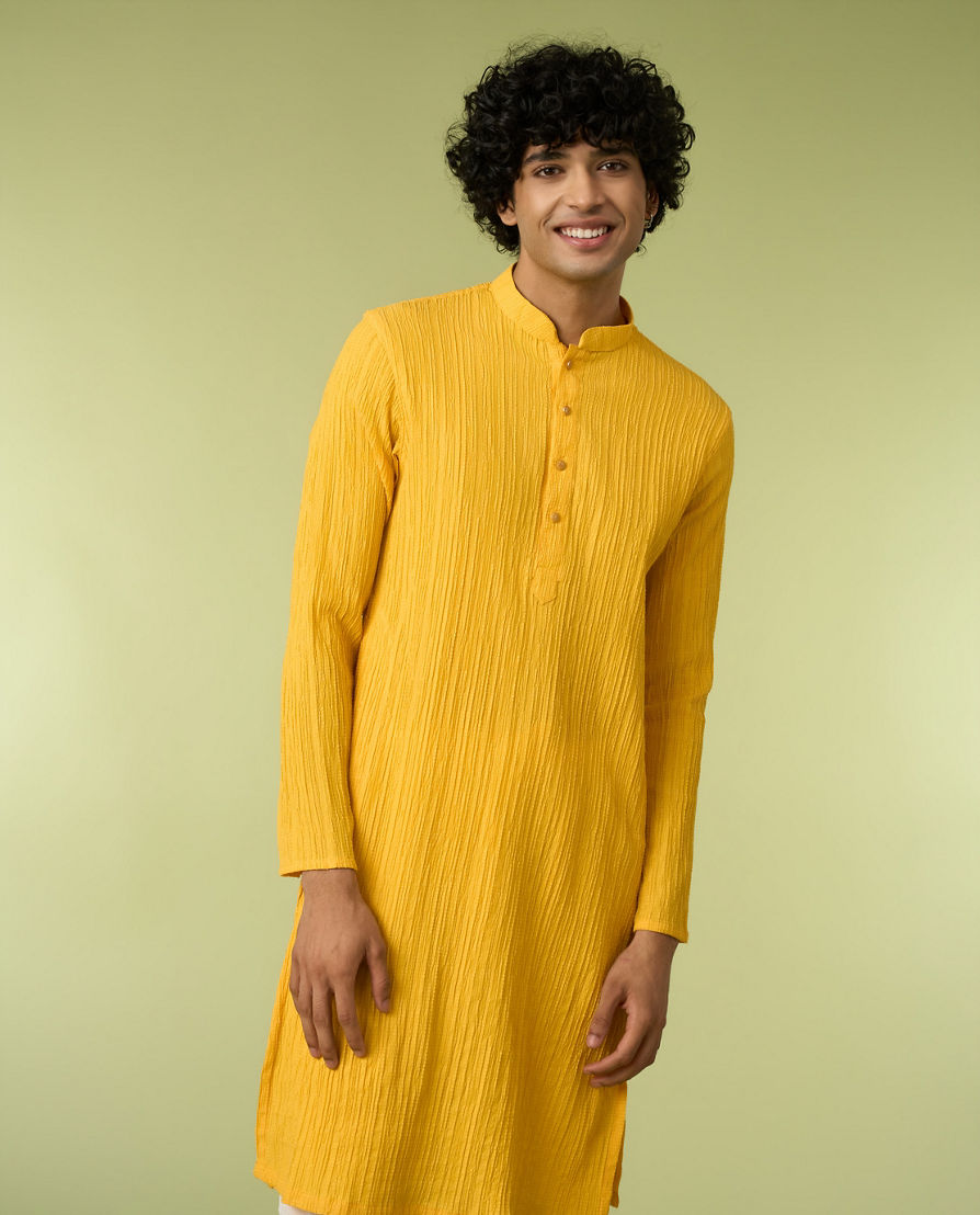 Diwas Men Mustard Yellow Self-Textured Kurta