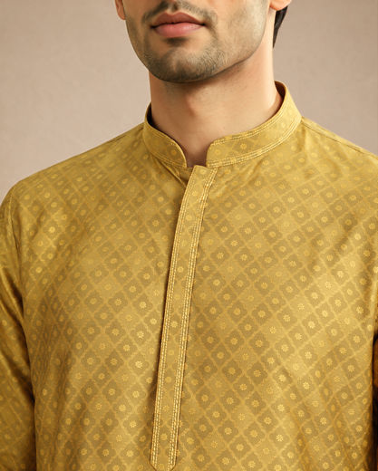 Diwas Men Mustard Blended Viscose Kurta with Self-Texture