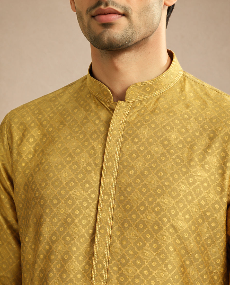 Diwas Men Mustard Blended Viscose Kurta with Self-Texture