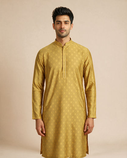 Diwas Men Mustard Blended Viscose Kurta with Self-Texture