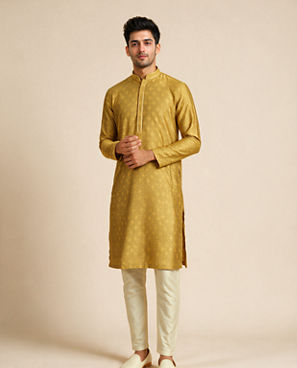 Diwas Men Mustard Blended Viscose Kurta with Self-Texture