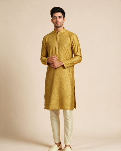 Diwas Men Mustard Blended Viscose Kurta with Self-Texture