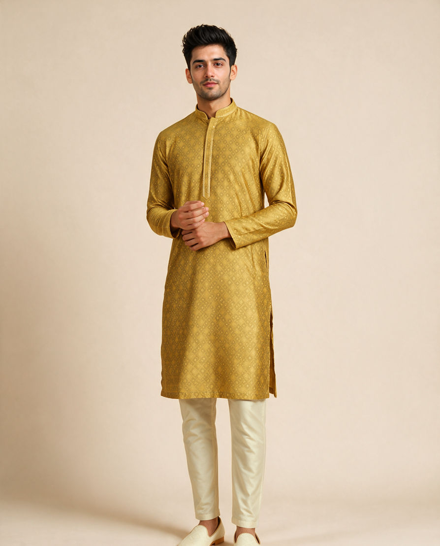 Diwas Men Mustard Blended Viscose Kurta with Self-Texture