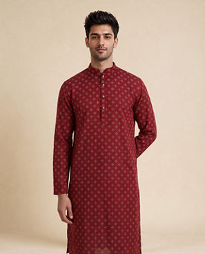 Diwas Men Maroon Blended Cotton Kurta with Print