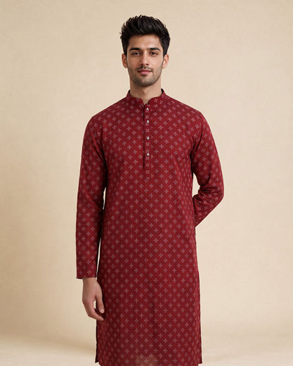 Diwas Men Maroon Blended Cotton Kurta with Print