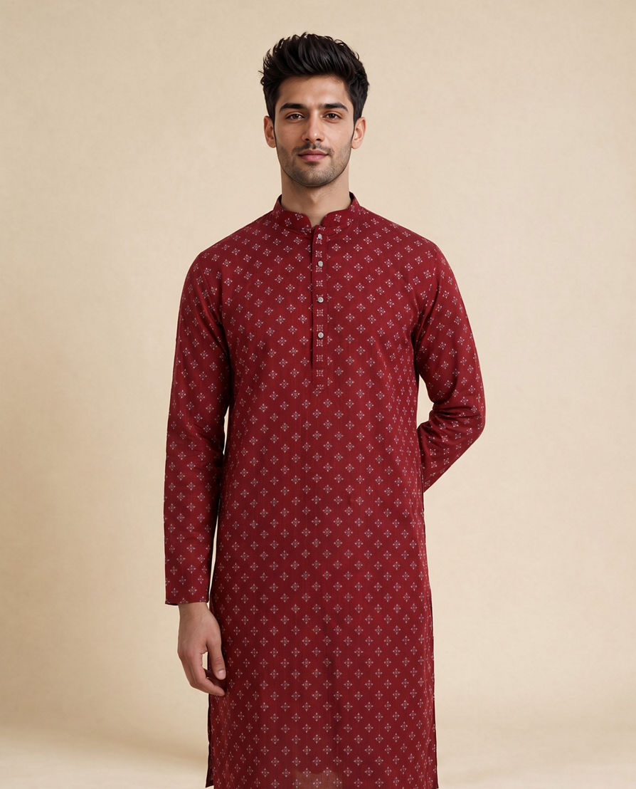 Diwas Men Maroon Blended Cotton Kurta with Print