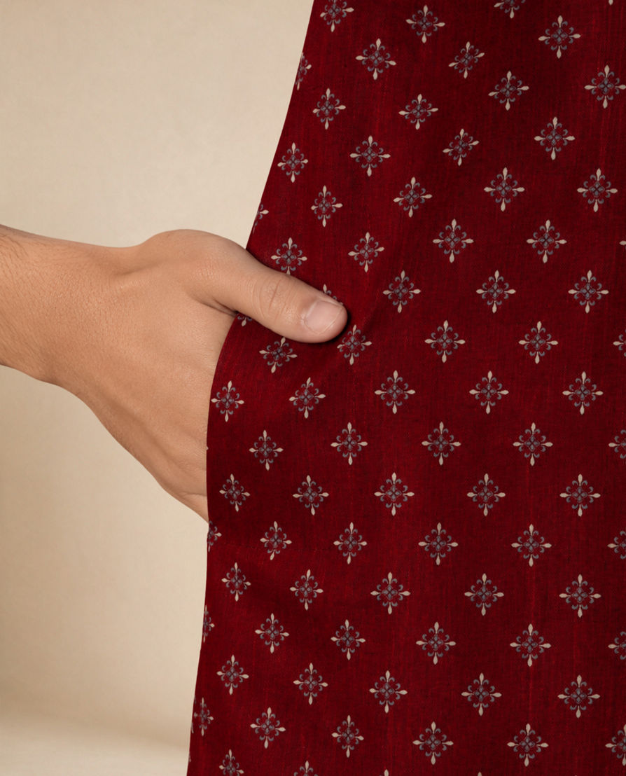Diwas Men Maroon Blended Cotton Kurta with Print
