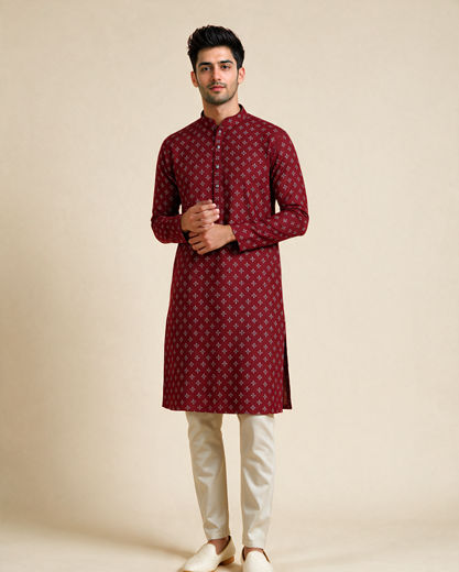 Diwas Men Maroon Blended Cotton Kurta with Print