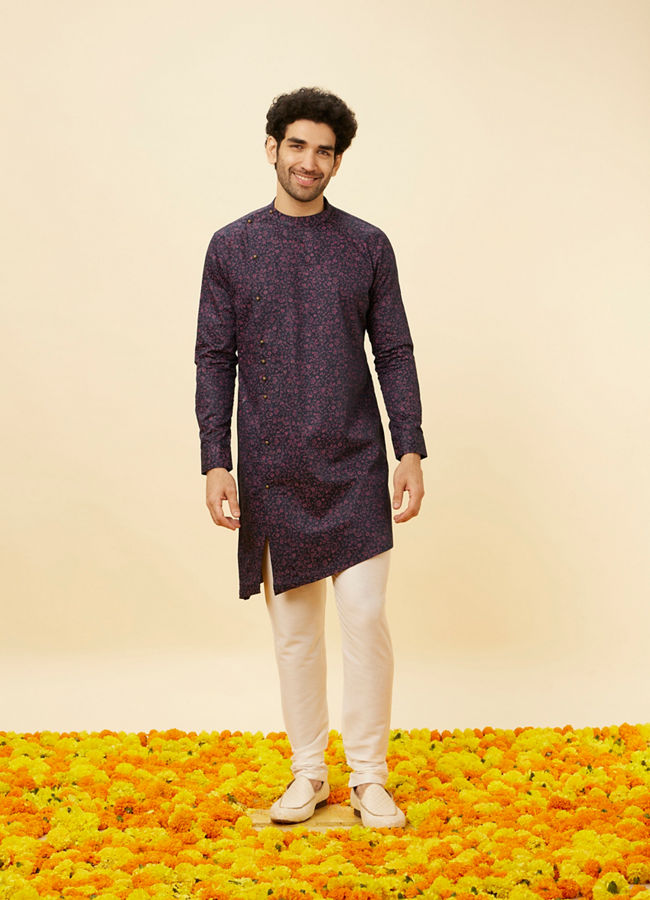 alt message - Manyavar Men Royal Blue Angrakha Style Bel Buti Printed Kurta Set image number 2