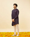 alt message - Manyavar Men Royal Blue Angrakha Style Bel Buti Printed Kurta Set image number 3