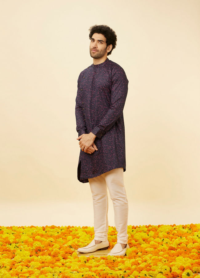 Manyavar Men Royal Blue Angrakha Style Bel Buti Printed Kurta Set