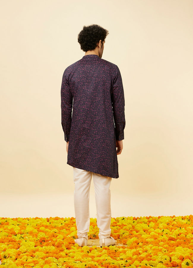 Manyavar Men Royal Blue Angrakha Style Bel Buti Printed Kurta Set
