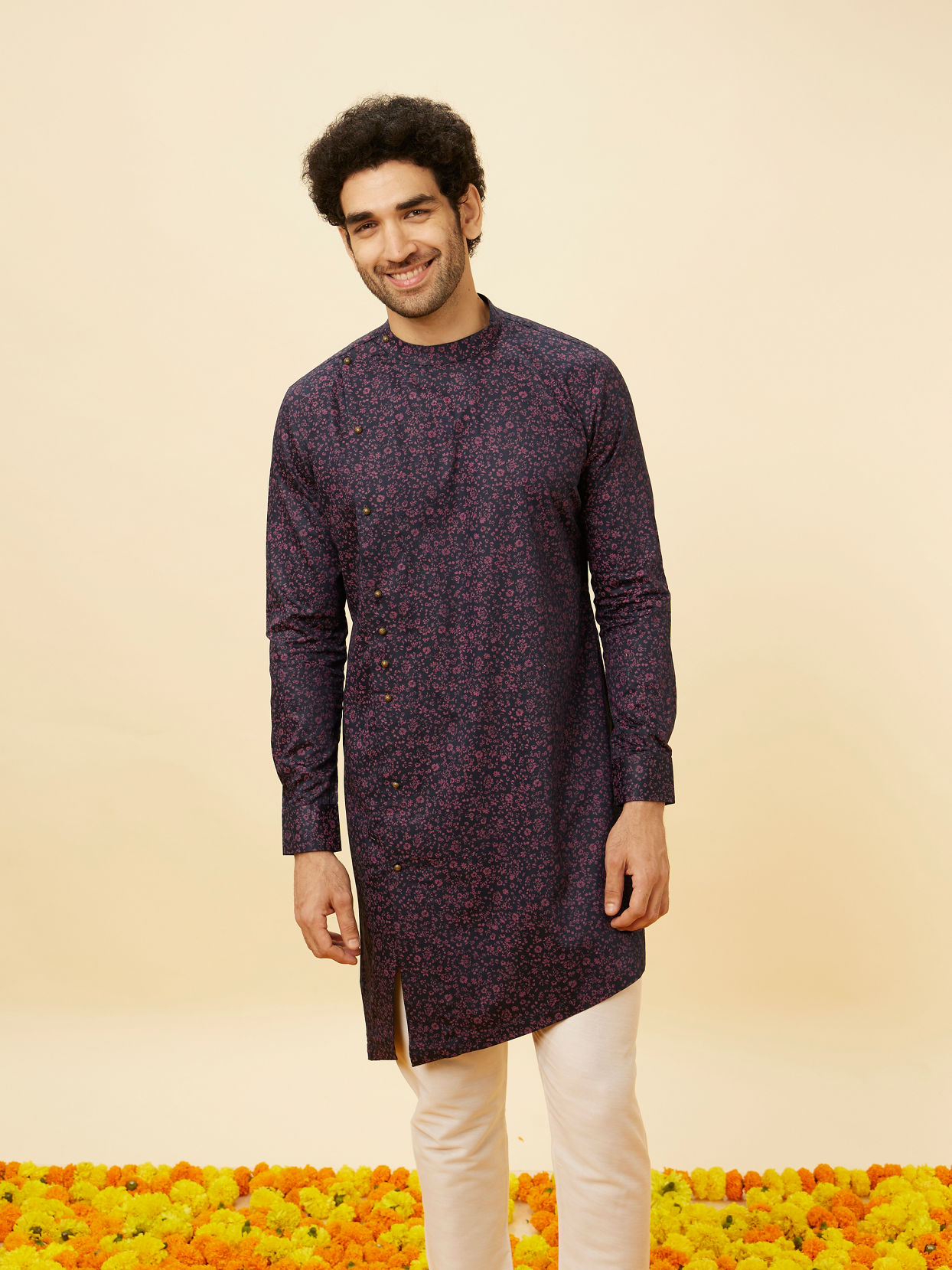 alt message - Manyavar Men Royal Blue Angrakha Style Bel Buti Printed Kurta Set image number 0