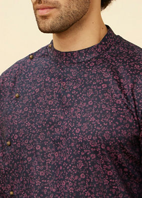 Manyavar Men Royal Blue Angrakha Style Bel Buti Printed Kurta Set