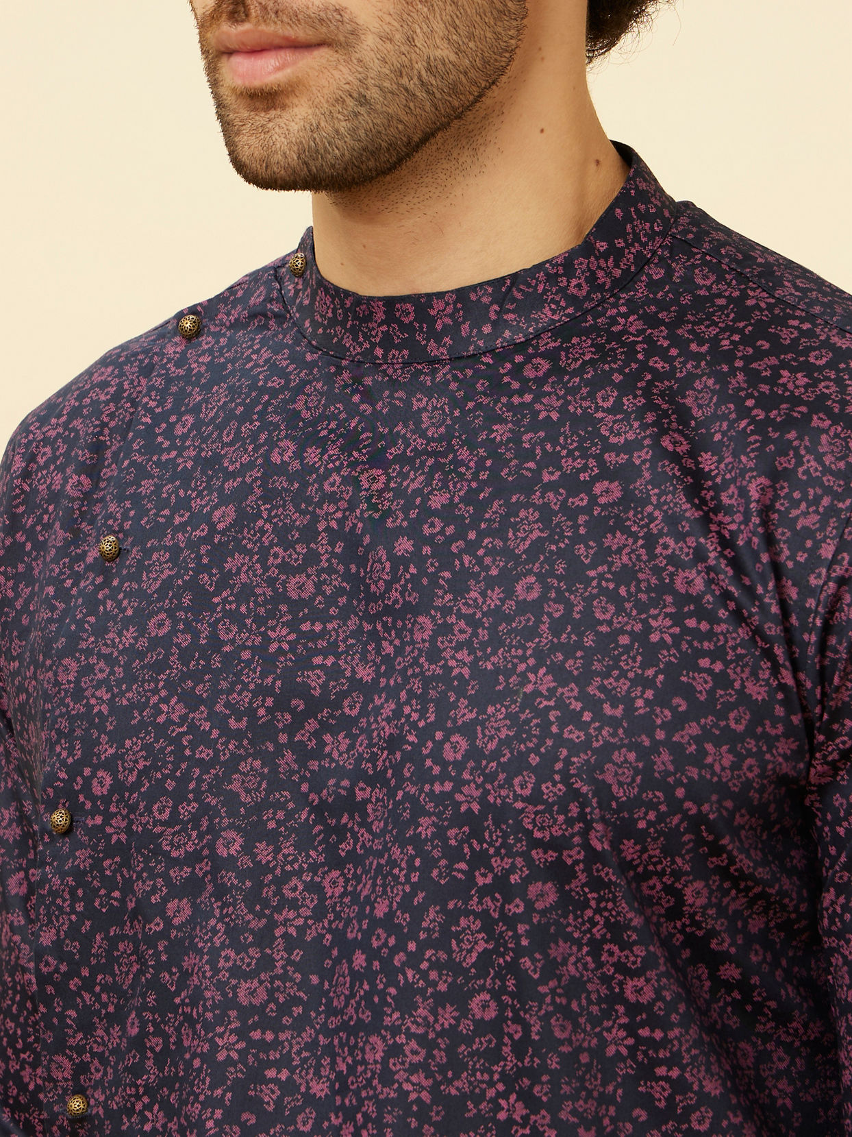 Manyavar Men Royal Blue Angrakha Style Bel Buti Printed Kurta Set