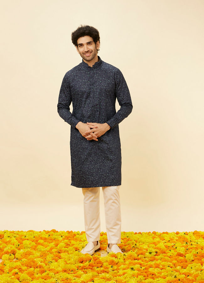 Manyavar Men Sapphire Blue Bel Buti Printed Kurta Set