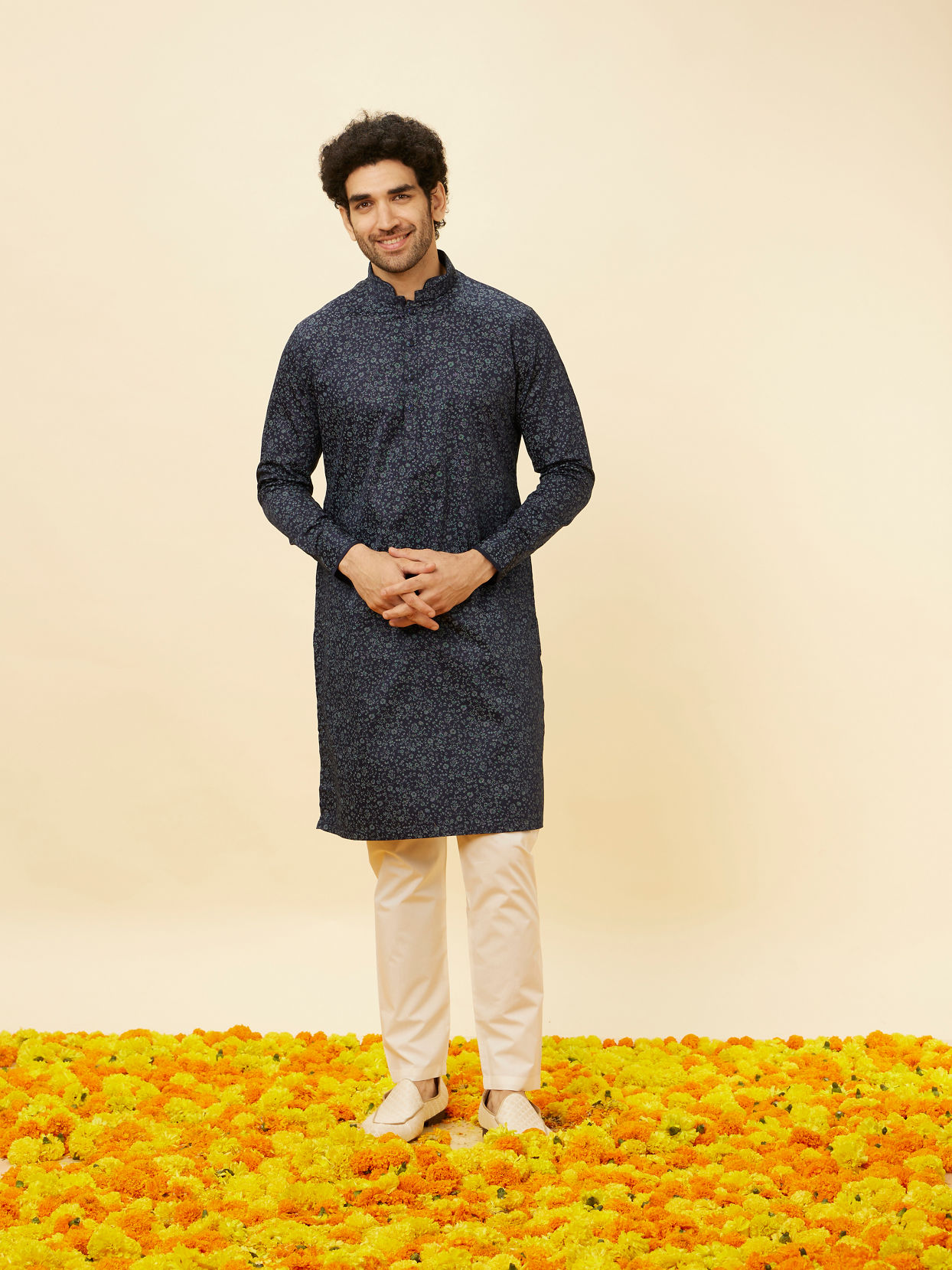 Manyavar Men Sapphire Blue Bel Buti Printed Kurta Set