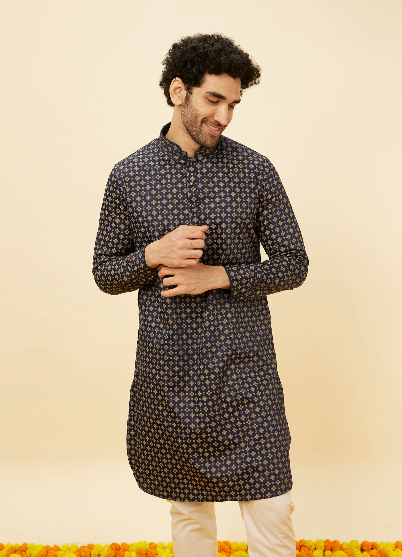 Manyavar Men Blueberry Blue Floral Buta Printed Kurta Set