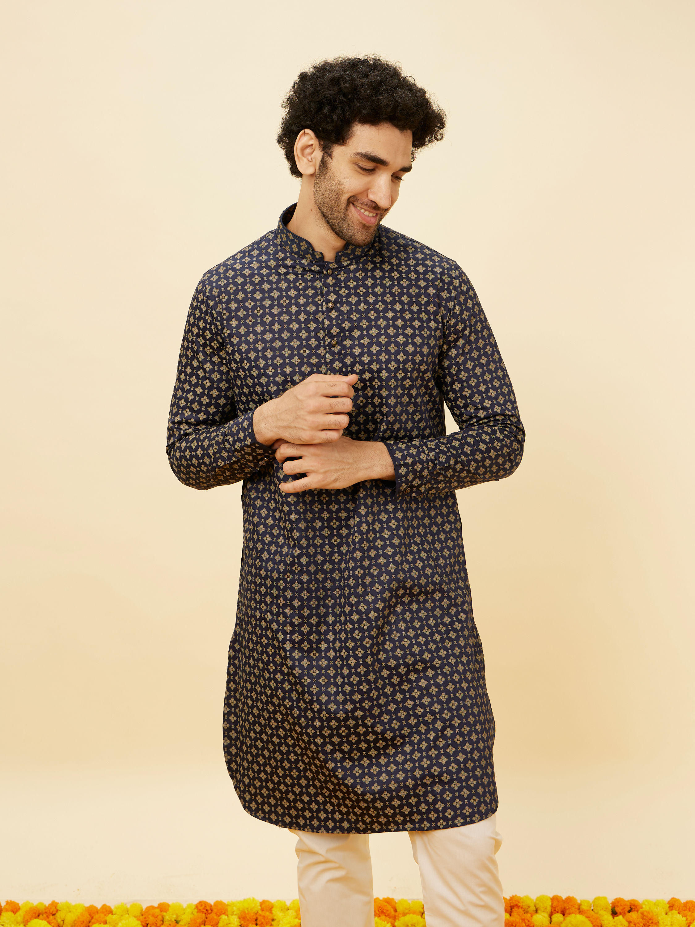 Manyavar Men Blueberry Blue Floral Buta Printed Kurta Set