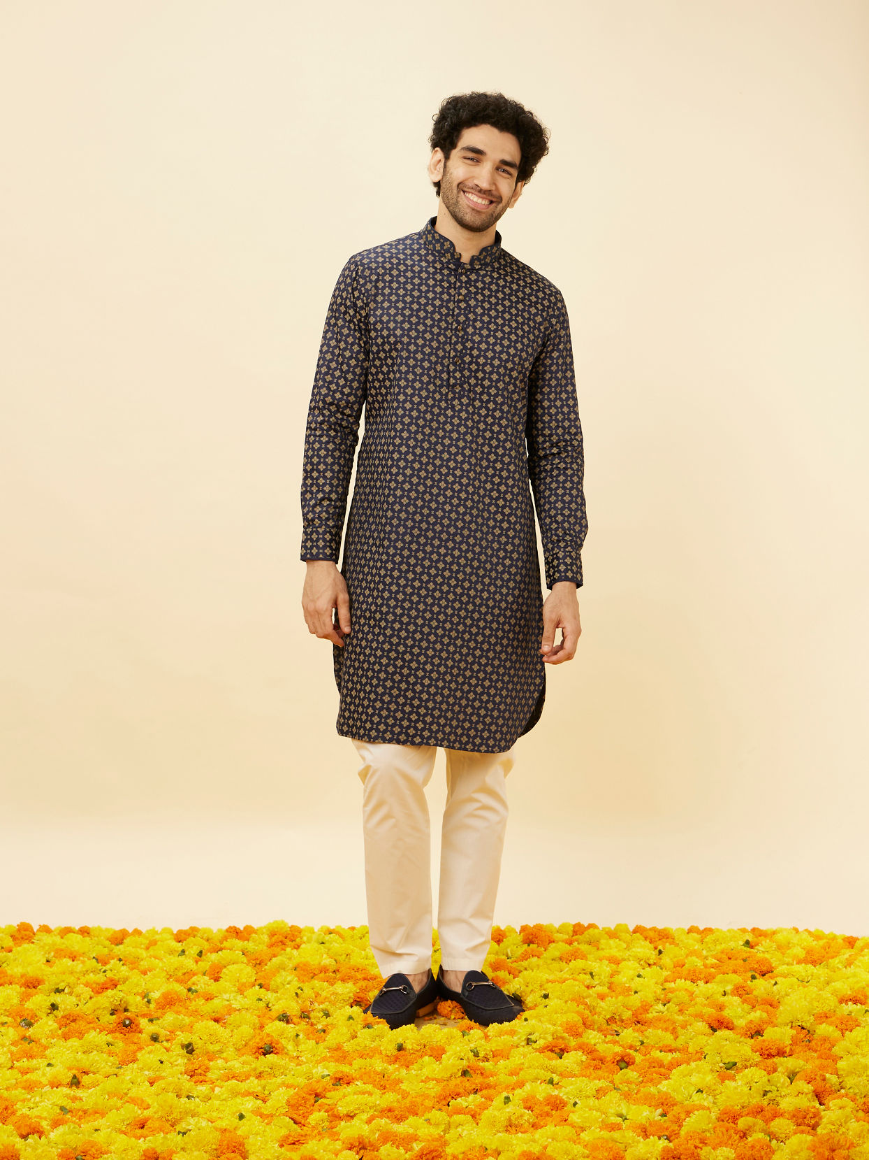 Manyavar Men Blueberry Blue Floral Buta Printed Kurta Set