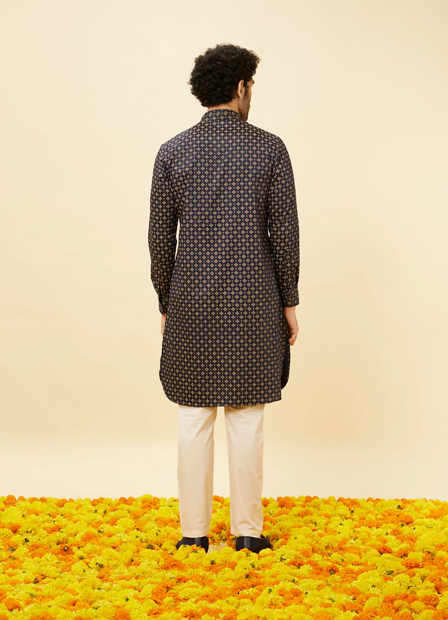 Manyavar Men Blueberry Blue Floral Buta Printed Kurta Set