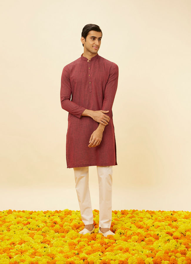 Manyavar Men Marsala Red Diamond Printed Kurta Set