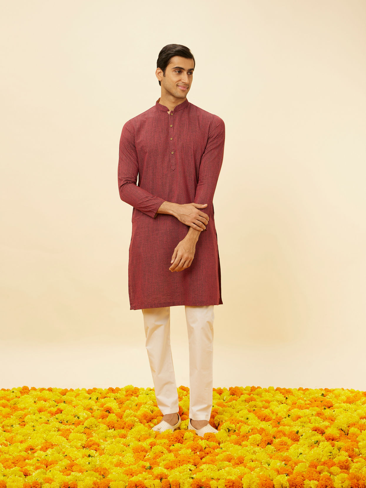 Manyavar Men Marsala Red Diamond Printed Kurta Set