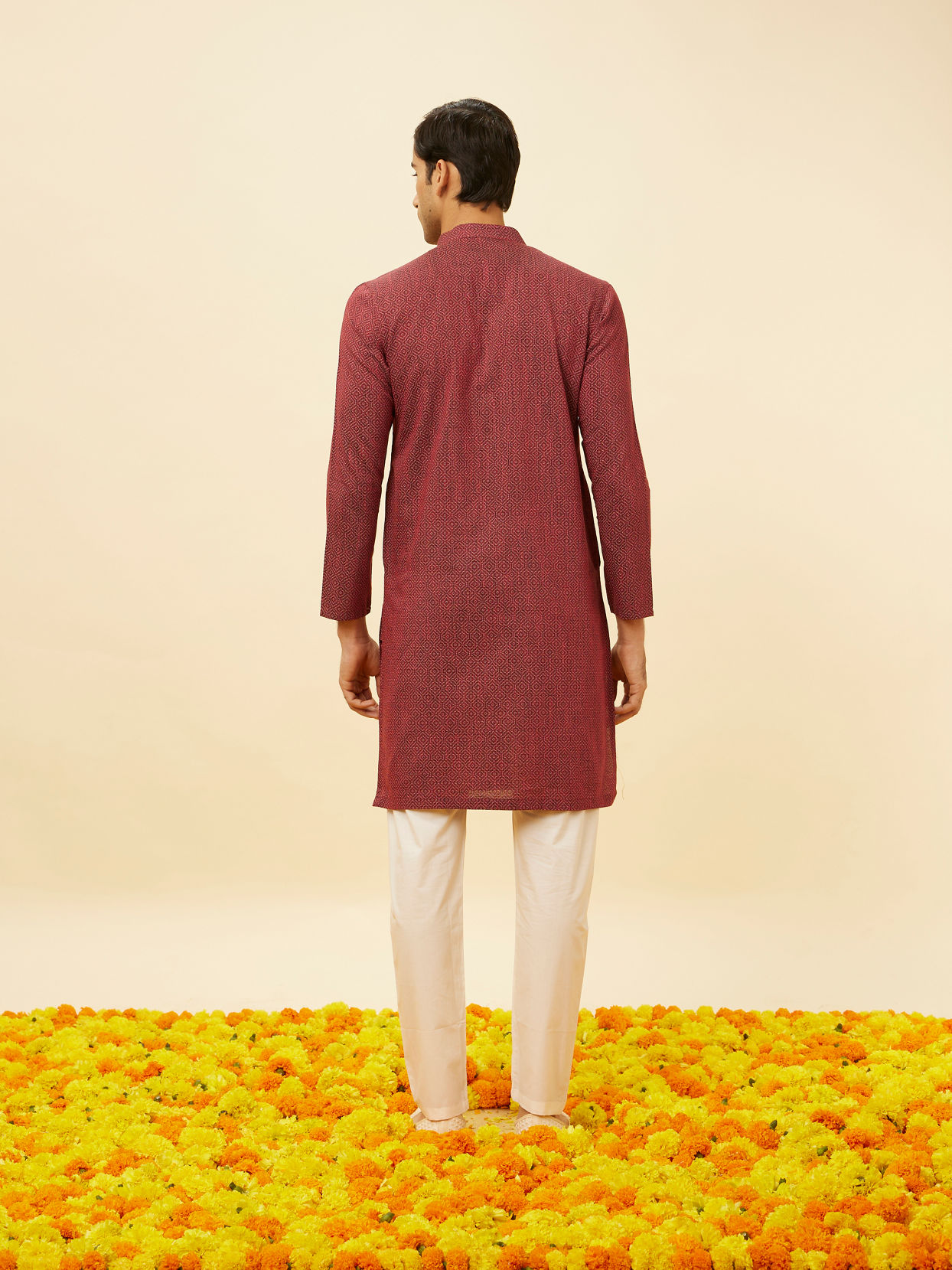 Manyavar Men Marsala Red Diamond Printed Kurta Set