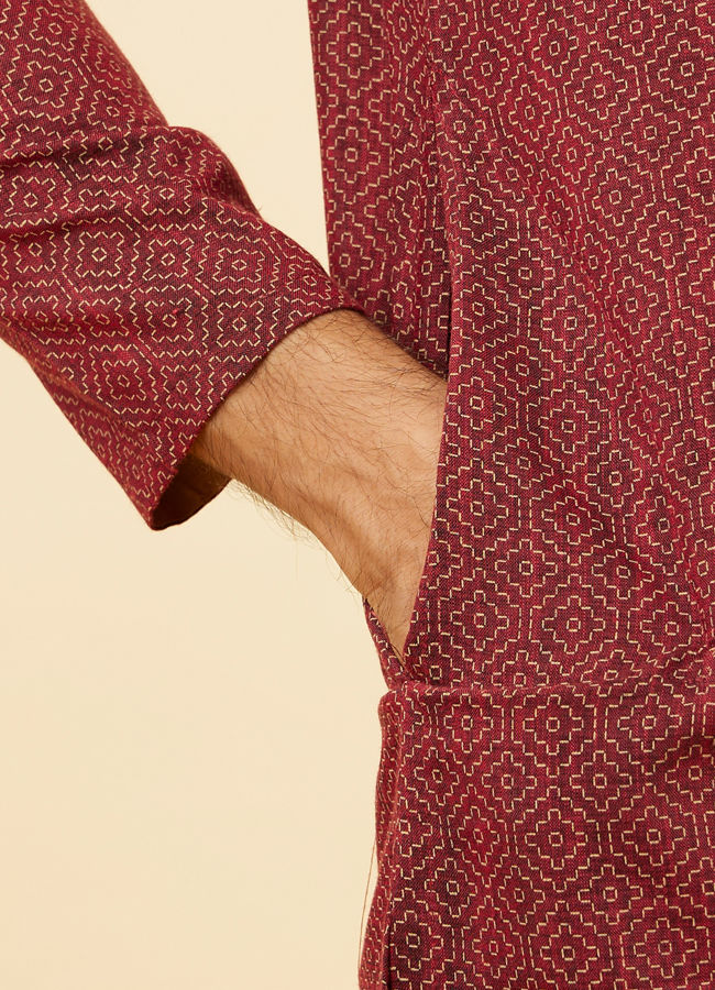 Manyavar Men Marsala Red Diamond Printed Kurta Set