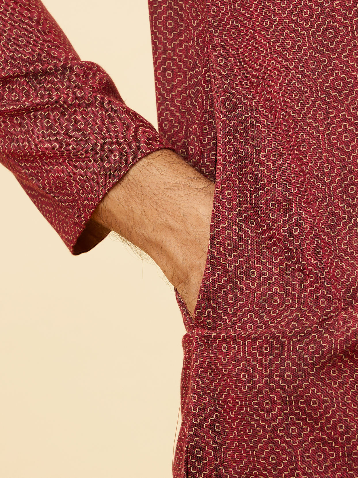 Manyavar Men Marsala Red Diamond Printed Kurta Set