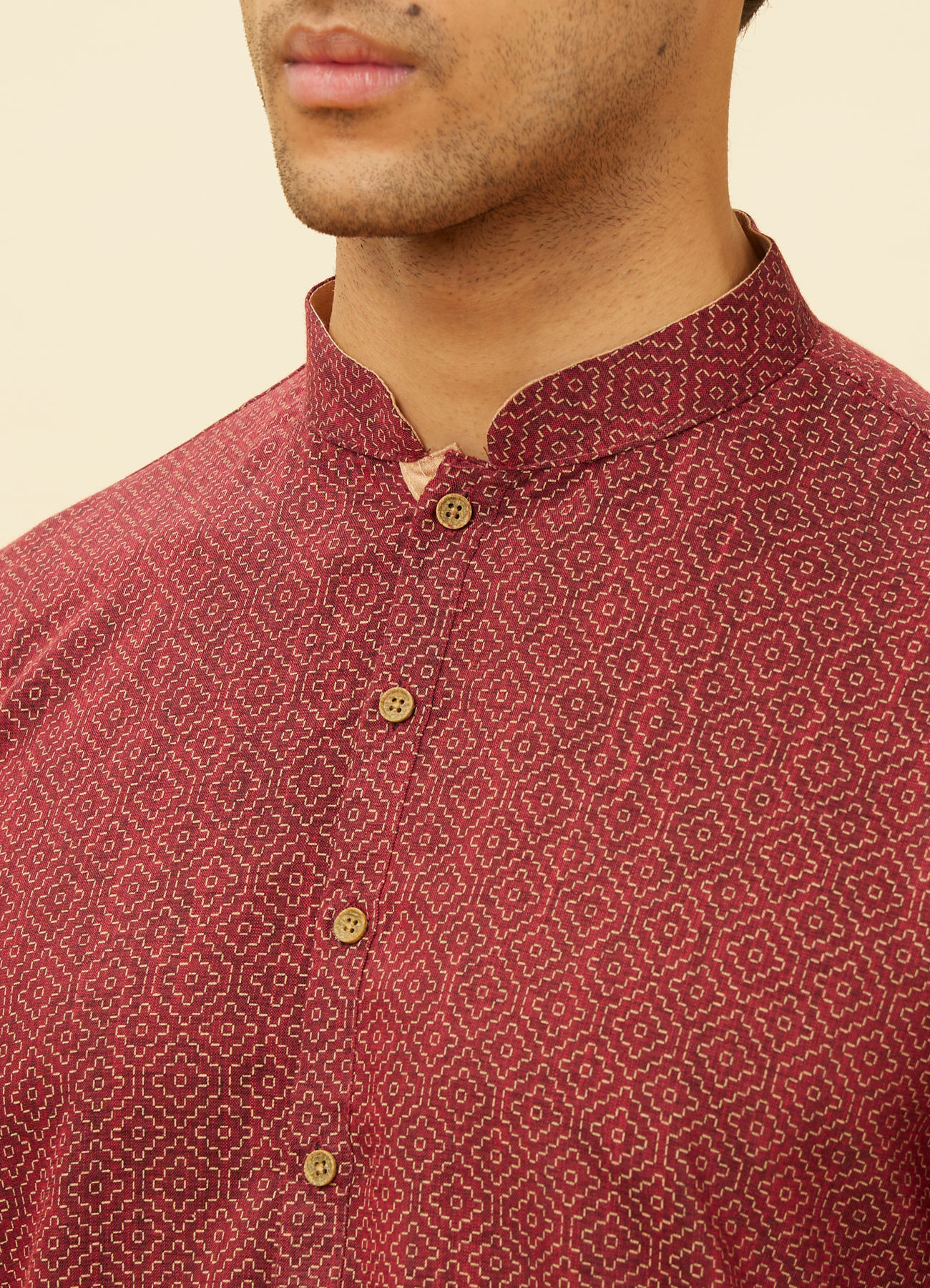Manyavar Men Marsala Red Diamond Printed Kurta Set
