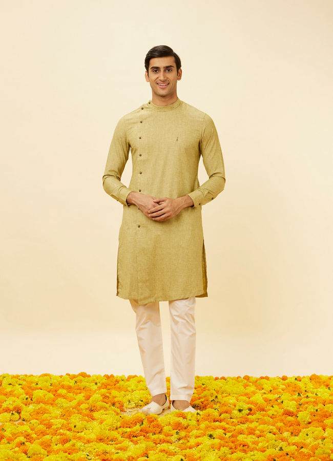 alt message - Manyavar Men Sage Green Angrakha Style Kurta Set image number 2