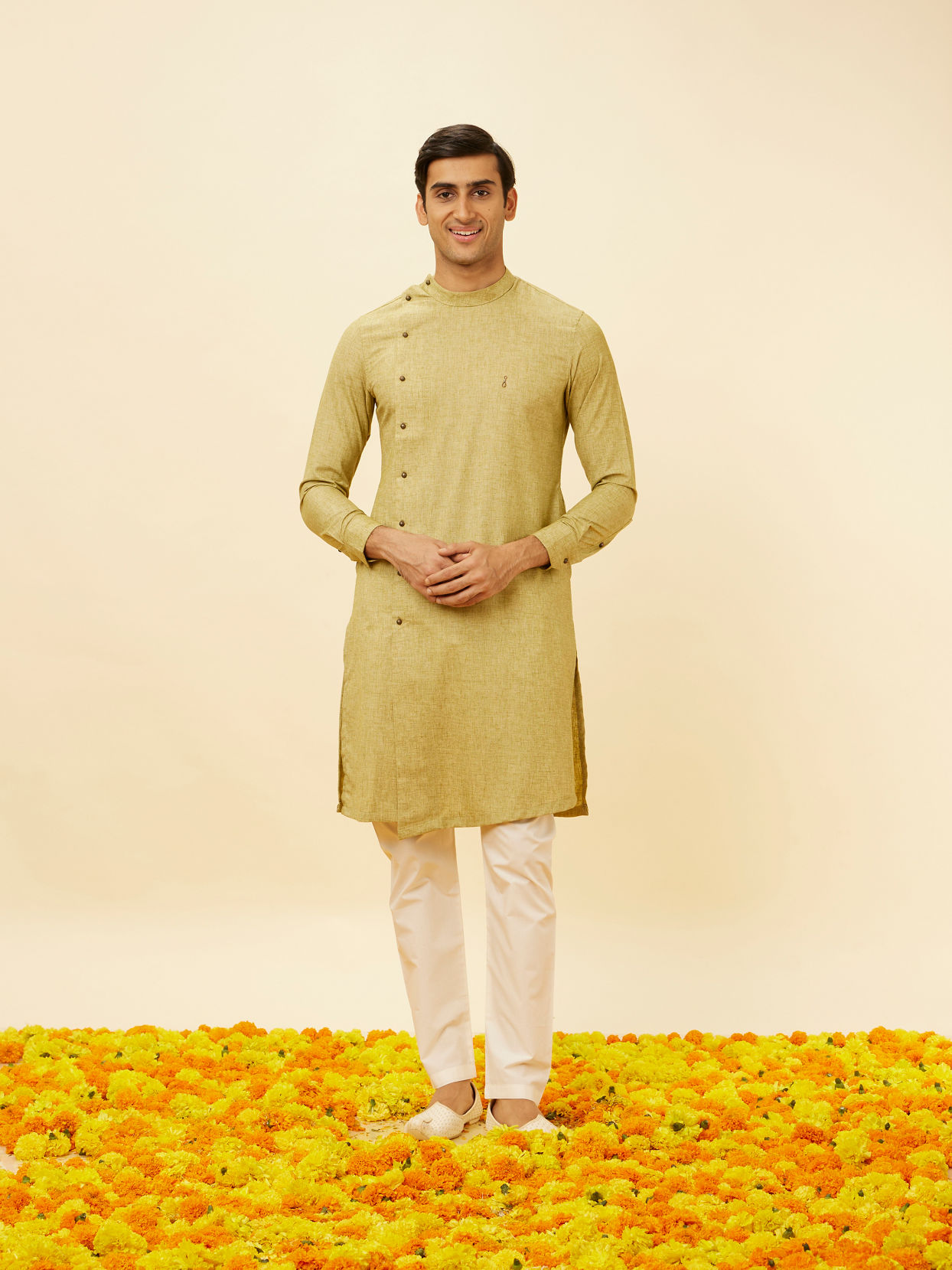 alt message - Manyavar Men Sage Green Angrakha Style Kurta Set image number 2