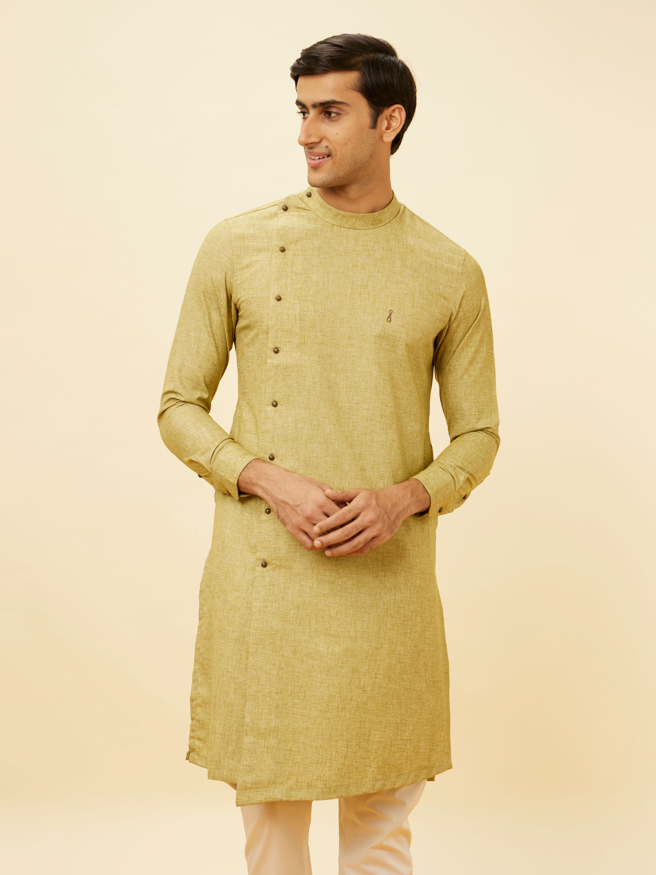 Manyavar Men Sage Green Angrakha Style Kurta Set