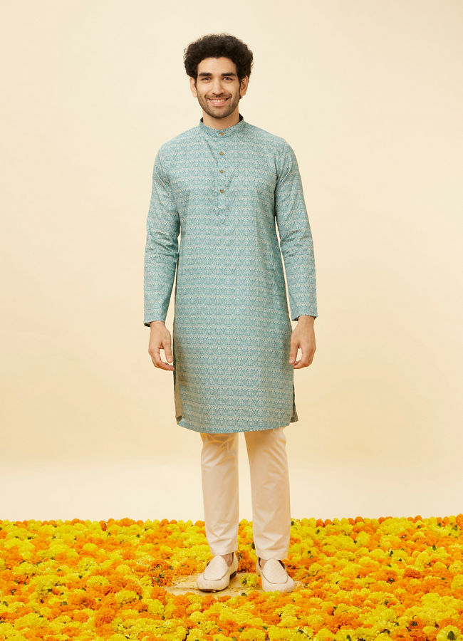 Manyavar Men Teal Blue Imperial Printed Kurta Set