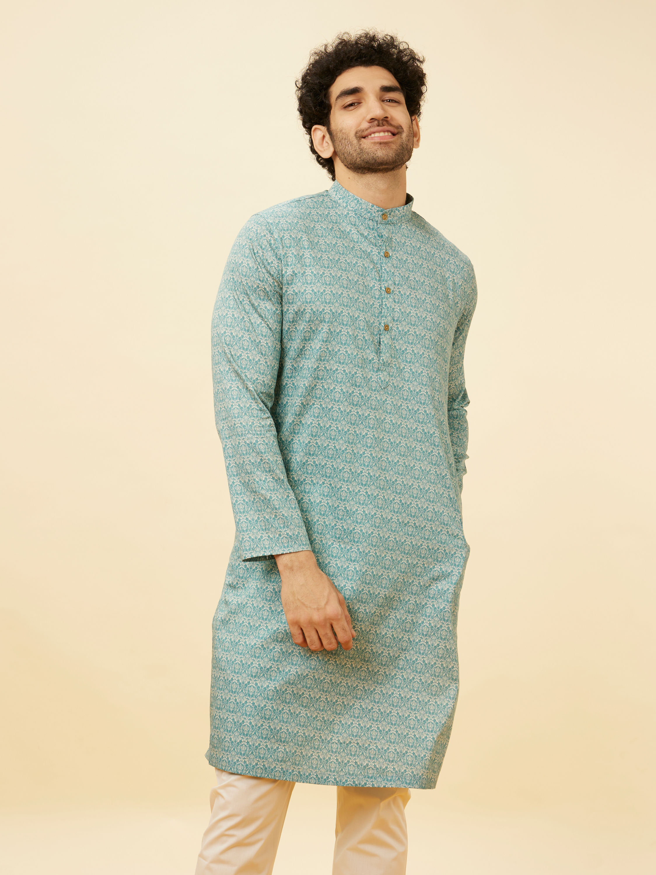 Manyavar Men Teal Blue Imperial Printed Kurta Set