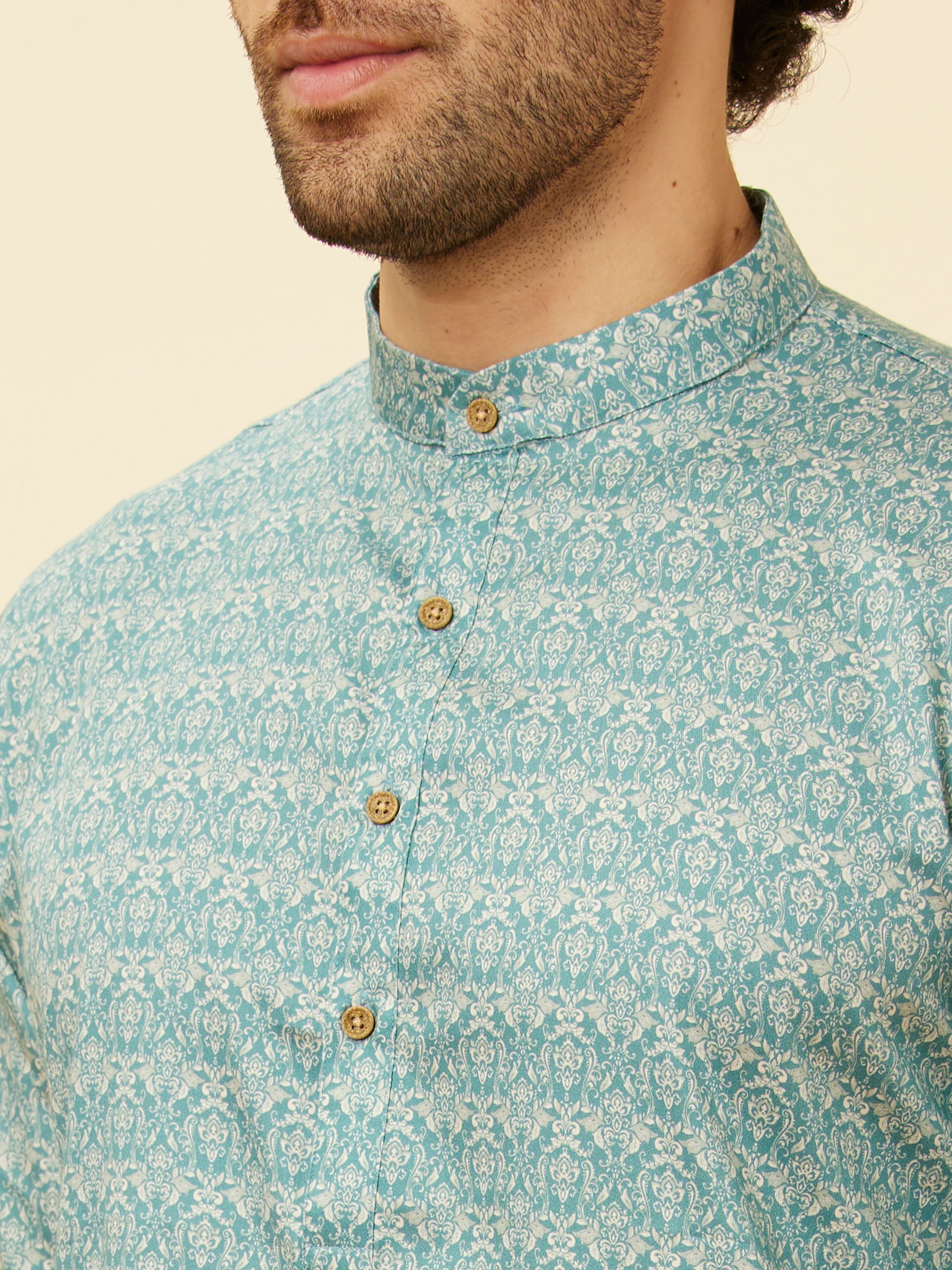 Manyavar Men Teal Blue Imperial Printed Kurta Set