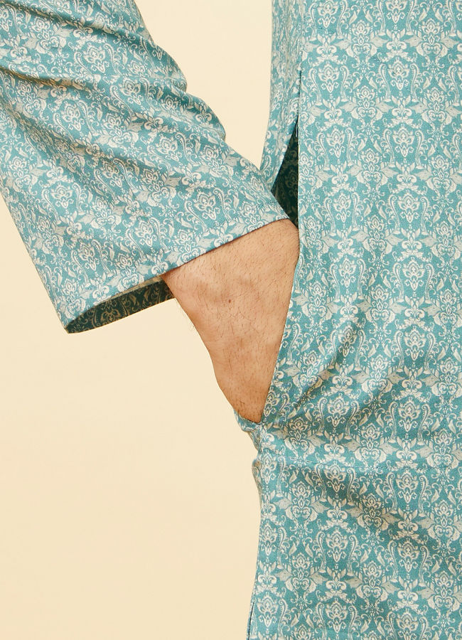 Manyavar Men Teal Blue Imperial Printed Kurta Set