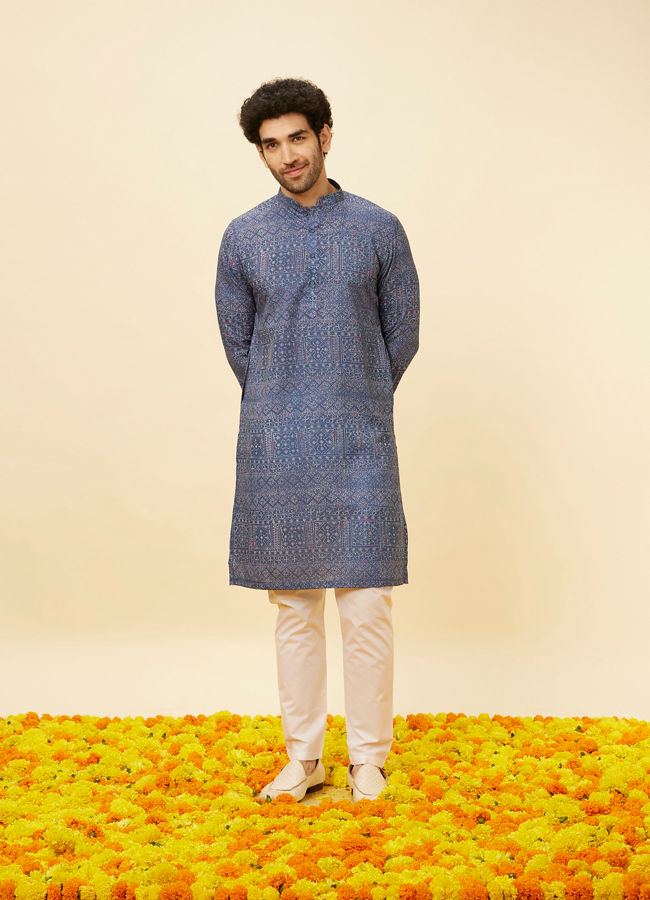 Manyavar Men Violet Blue Abstract Printed Kurta Set