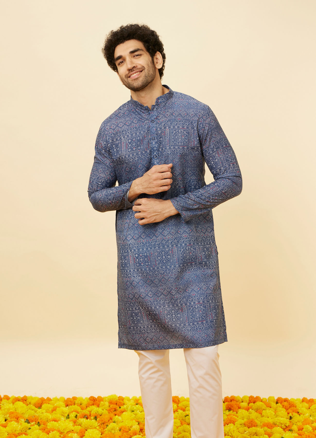 Manyavar Men Violet Blue Abstract Printed Kurta Set