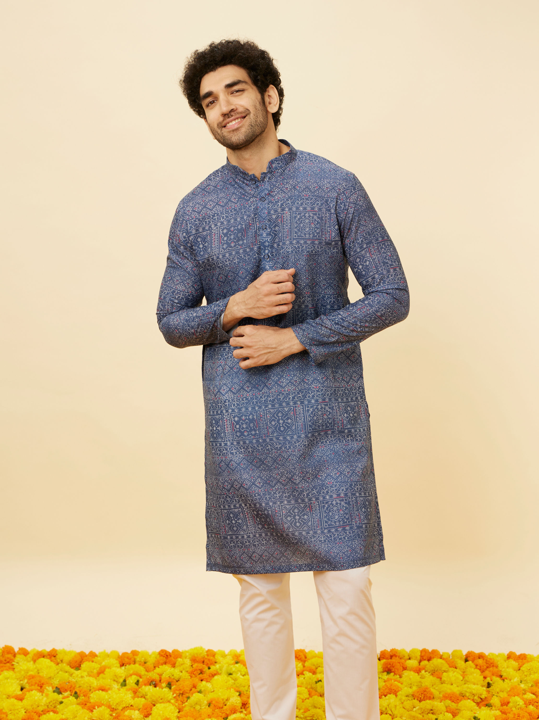 Manyavar Men Violet Blue Abstract Printed Kurta Set