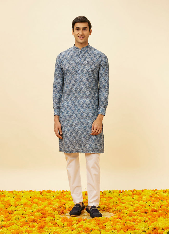 Manyavar Men Royal Blue Shankh Motif Printed Kurta Set